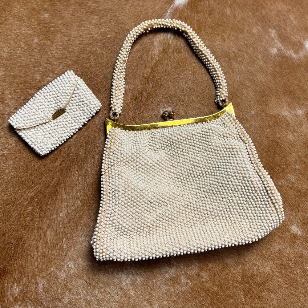 Vintage White Beaded Handbag with Coin Purse, 1950s Pearlcore Evening Bag